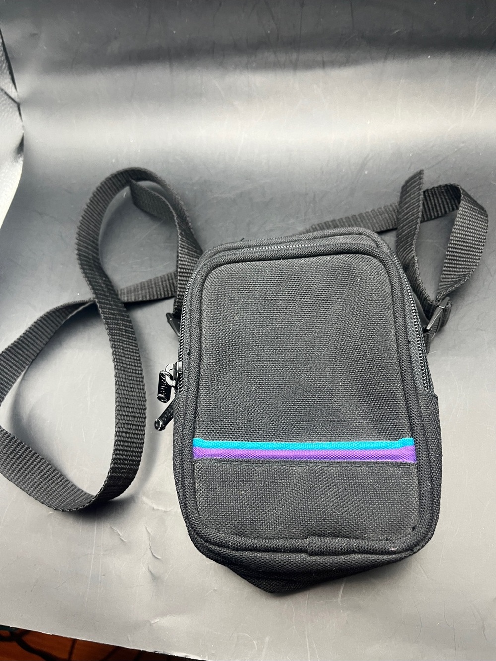 80s 90s VTG coast Black Crossbody camera Bag Purple & Teal Accent
